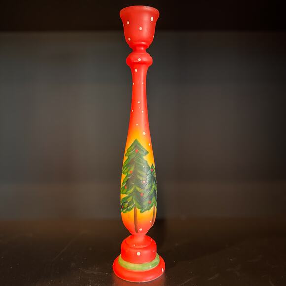 Festive Christmas Tree Candle Stick Holder, Handpainted Resin-Holiday Decor-11”H - Picture 1 of 8